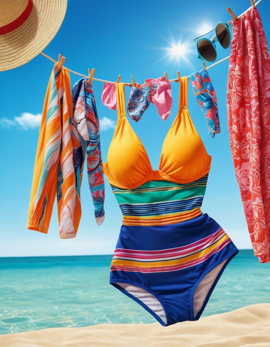 A vibrant and colorful beach scene featuring various swimwear styles hung out to dry, showcasing different fabrics and patterns. A close-up of hands adjusting a swimsuit for a perfect fit, with a beach backdrop and sunlight reflecting off the water. Emphasize texture and detail in the swimwear, while adding playful beach accessories like sunglasses and flip-flops nearby. bright colors. super-realistic. sunny background.