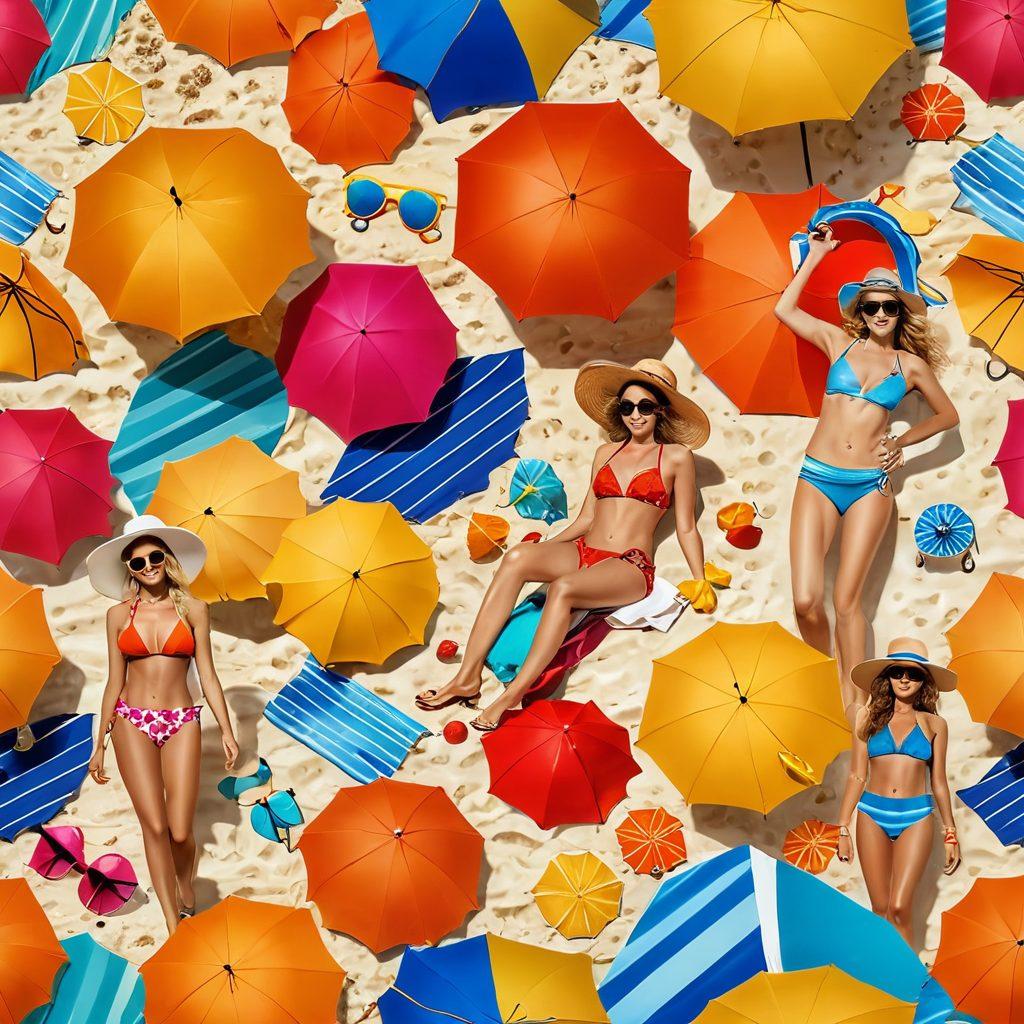 A vibrant beach scene showcasing a variety of stylish swimsuits on diverse models, lounging under colorful umbrellas with the sun shining bright. Include fashion accessories like wide-brimmed hats, sunglasses, and beach bags, along with a backdrop of splashing waves and golden sand. The atmosphere should exude a fun, summery vibe, inviting readers to explore beach fashion trends. super-realistic. vibrant colors. cheerful mood.