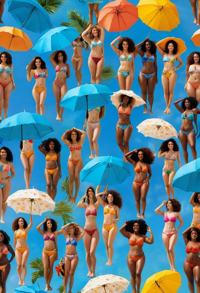 A vibrant summer scene featuring diverse women of different body types and ethnicities showcasing an array of trendy bikini designs on a sunny beach. The background should be filled with palm trees, a bright blue sky, and colorful beach accessories like towels and umbrellas. Highlight the details of the bikinis, from floral patterns to bold colors, while capturing relaxed poses and joyful expressions. Add golden sunlight filtering through, creating a warm and inviting atmosphere. super-realistic. vibrant colors. summer vibes.
